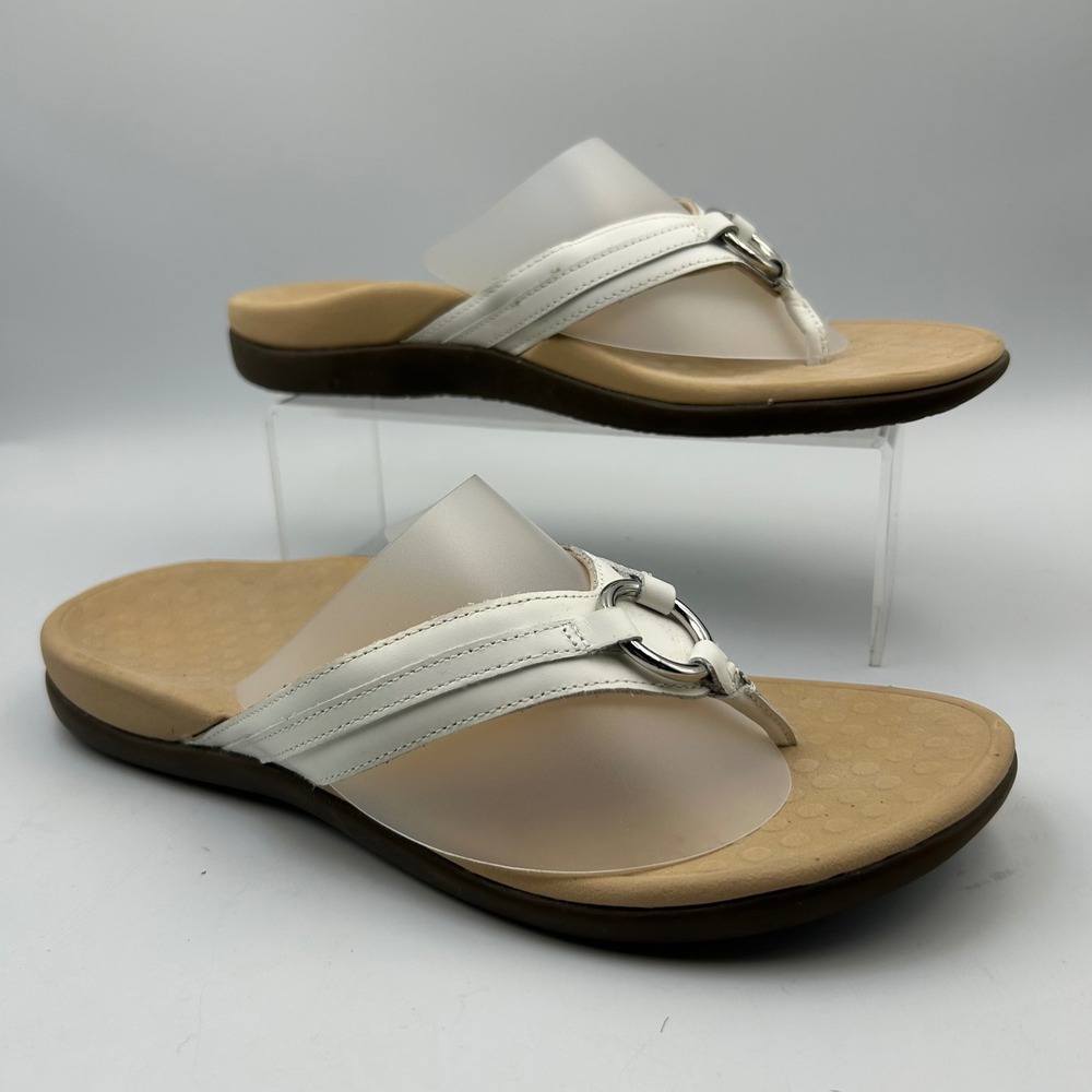 Vionic Aloe Sandals Womens 9 White Leather Thong O-Ring Comfort Coastal Summer
